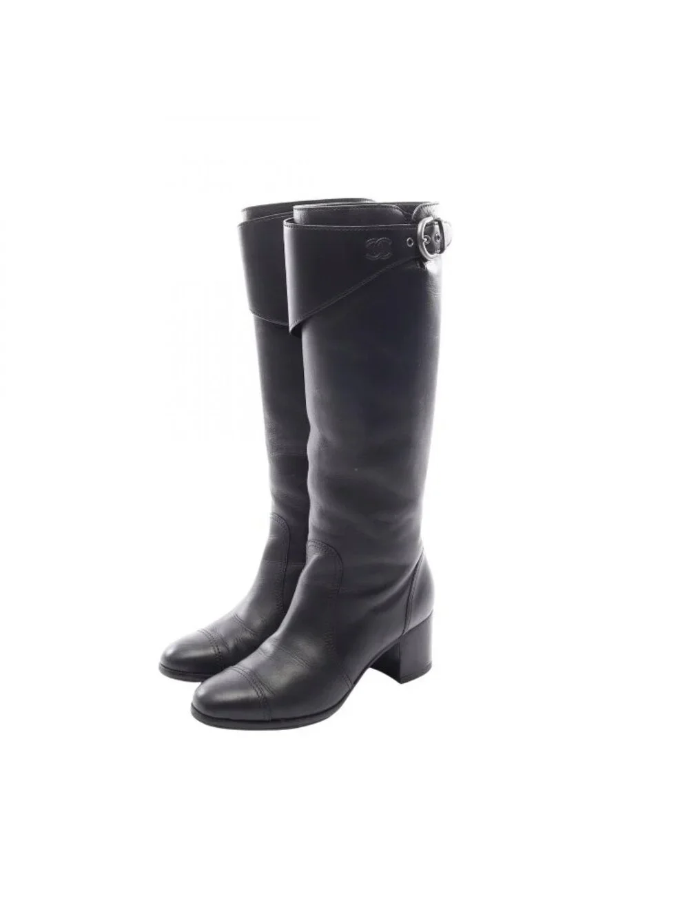 Chanel Boots CC Logo Long Black Leather